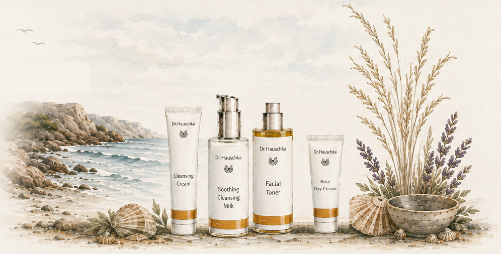 Dr Hauschka products on a Tasmanian beach, watercolour illustration